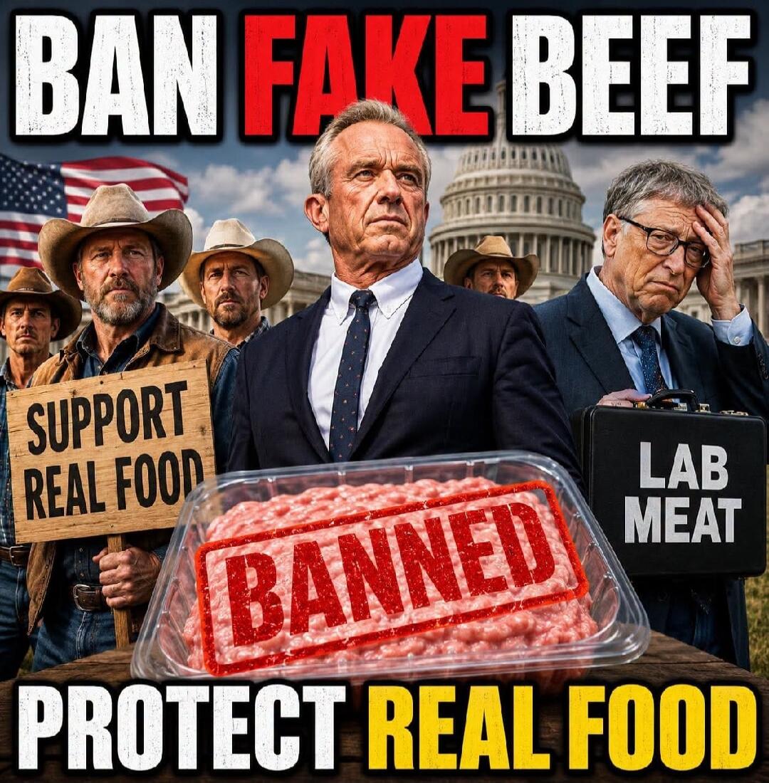BAN FAKE BEEF. SUPPORT REAL FOOD. BANNED. LAB MEAT. PROTECT REAL FOOD. The image shows Robert F. Kennedy Jr. and a group of cowboys/farmers advocating for real food, with a package of 'BANNED' lab meat in the foreground. Bill Gates is depicted looking concerned, holding a briefcase labeled 'LAB MEAT'. The US Capitol and an American flag are in the 
