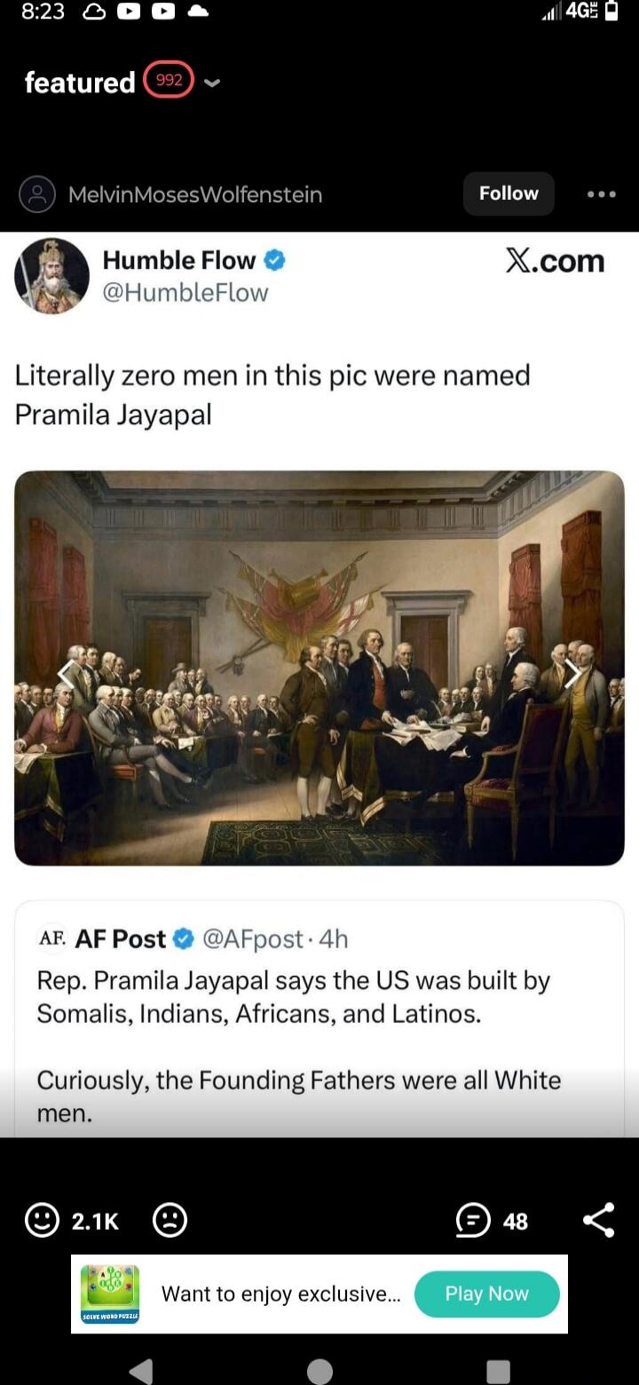 Literally zero men in this pic were named Pramila Jayapal

AF. AF Post @AFpost: Rep. Pramila Jayapal says the US was built by Somalis, Indians, Africans, and Latinos. Curiously, the Founding Fathers were all White men.
