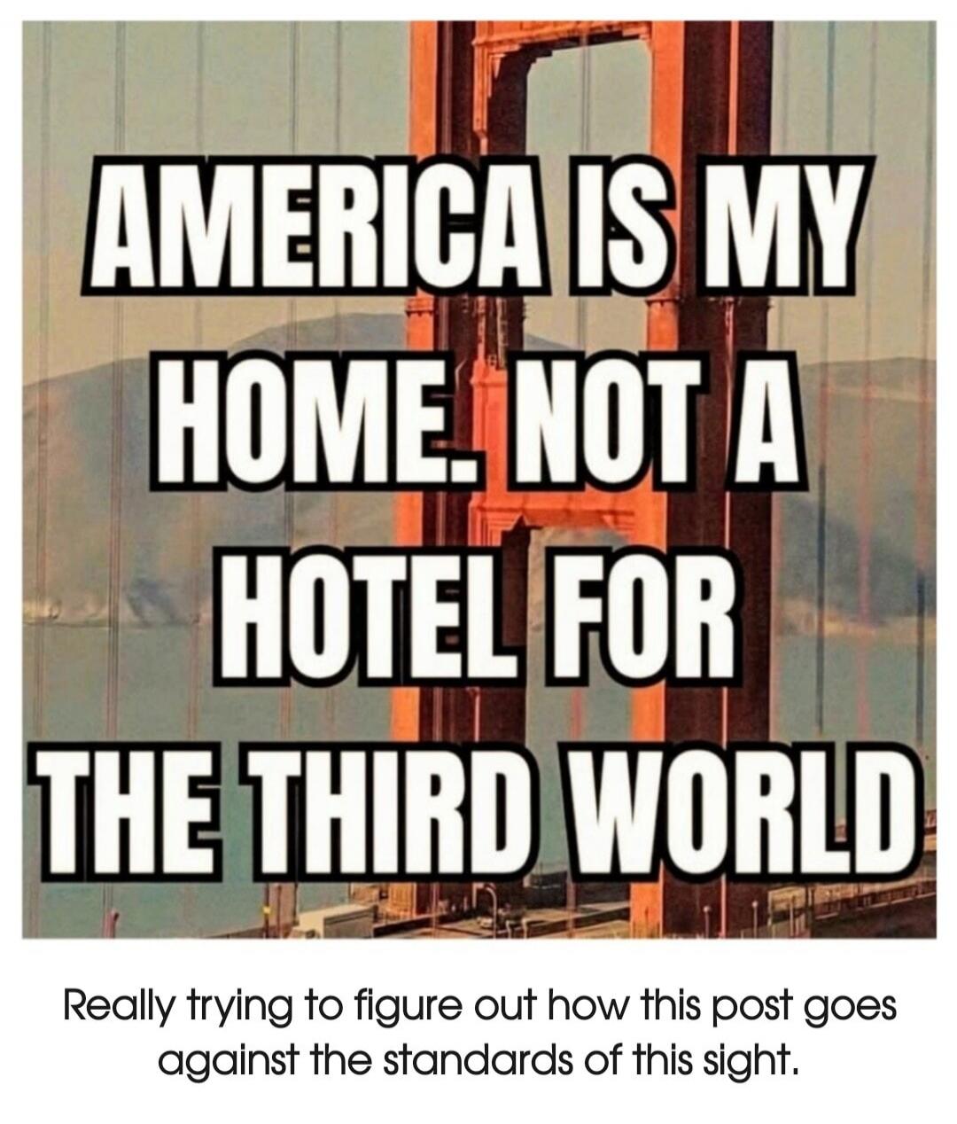 AMERICA IS MY HOME. NOT A HOTEL FOR THE THIRD WORLD. Really trying to figure out how this post goes against the standards of this sight.