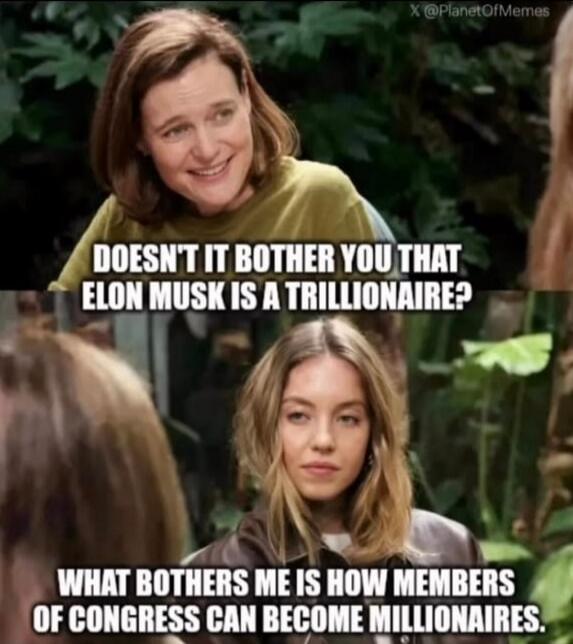 DOESN'T IT BOTHER YOU THAT ELON MUSK IS A TRILLIONAIRE? WHAT BOTHERS ME IS HOW MEMBERS OF CONGRESS CAN BECOME MILLIONAIRES.