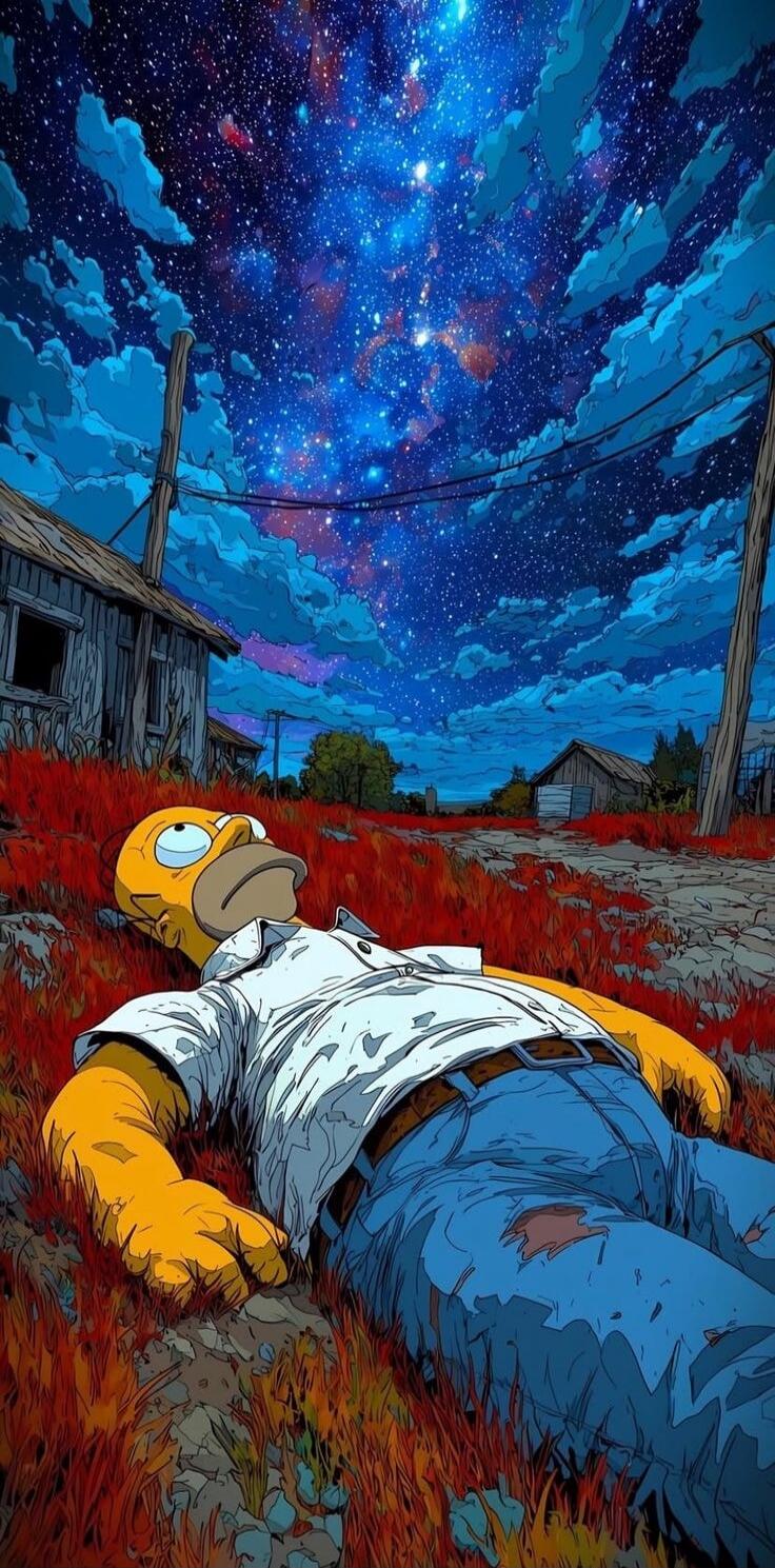 Homer Simpson lying on the ground in a red field with a starry night sky and dilapidated buildings.