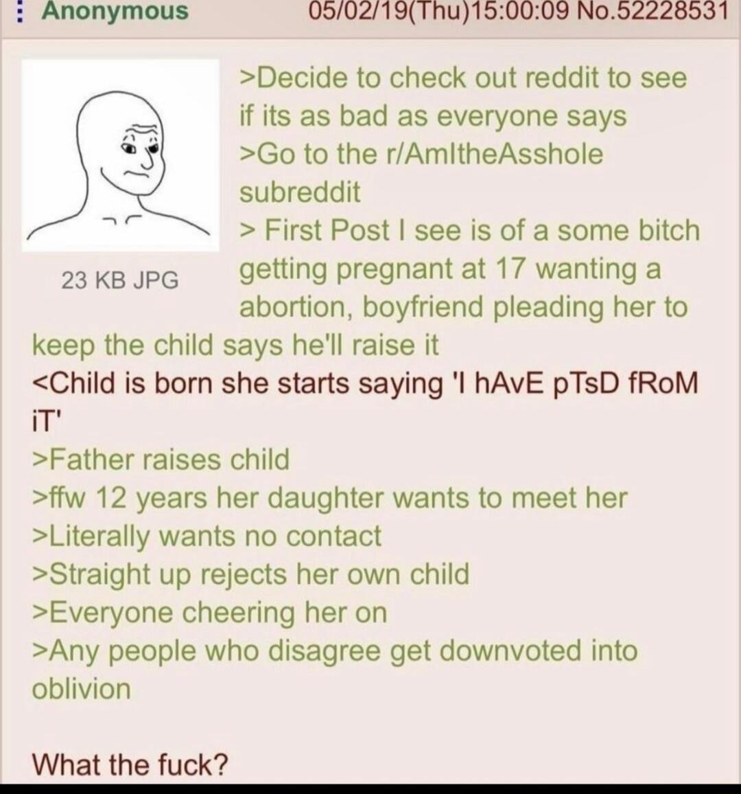Anonymous 050219Thu150009 No52228531 Decide to check out reddit to see if its as bad as everyone says Go to the rAmitheAsshole subreddit First Post see is of a some bitch s3ksupG getting pregnant at 17 wanting a abortion boyfriend pleading her to keep the child says hell raise it Child is born she starts saying l hAVE pTsD fRoM im Father raises child ffw 12 years her daughter wants to meet her Lit