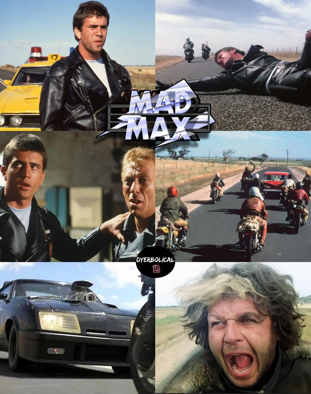 MAD MAX logo. A collage of scenes from the classic post-apocalyptic action film Mad Max, featuring Mel Gibson as Max Rockatansky, the iconic black Interceptor car, motorcycle gangs, and various characters from the movie.