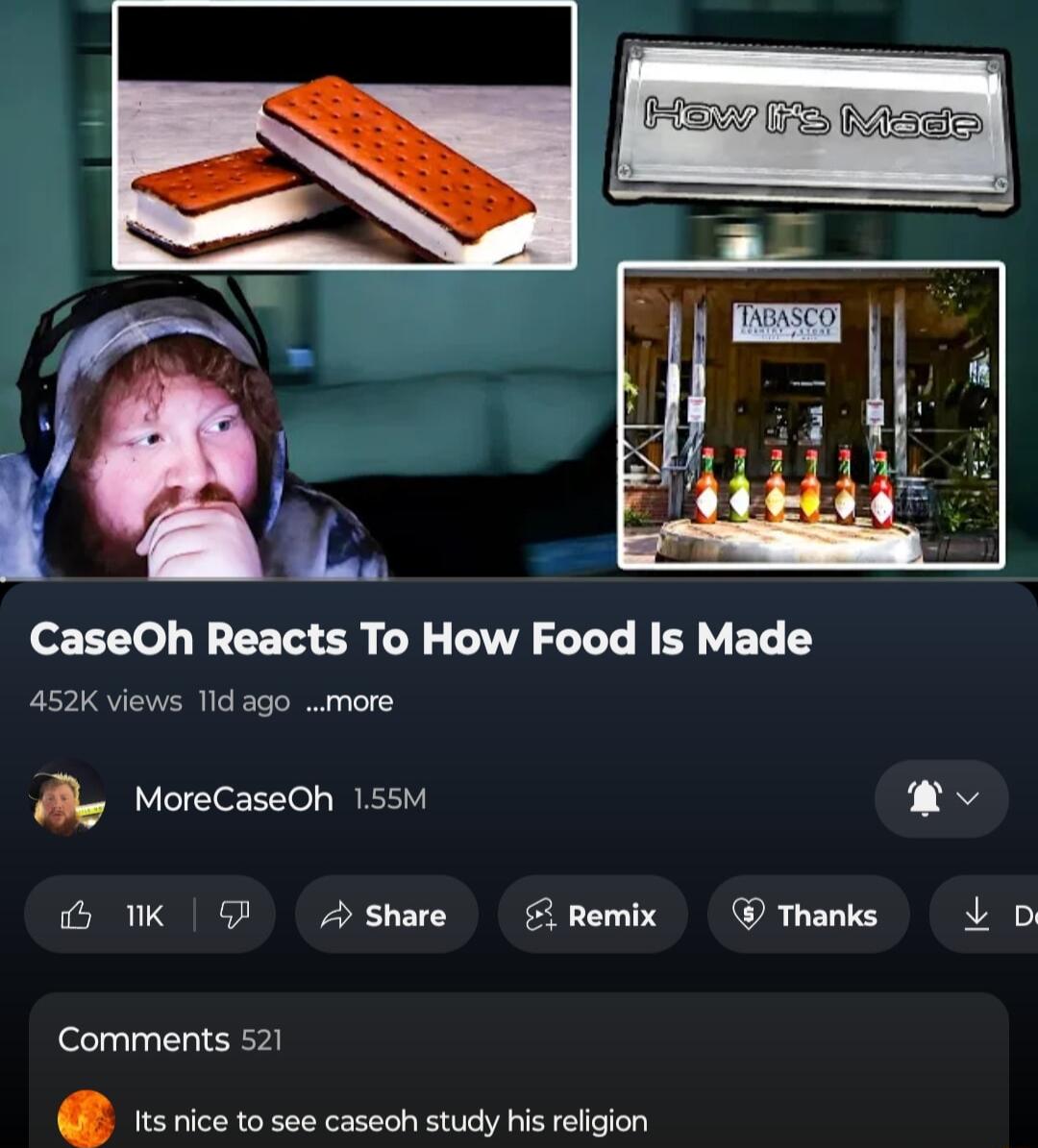 Y CaseOh Reacts To How Food Is Made 452K views Tid ago more M MoreCaseOh 155m 5 K G Ashare FlRemix Thanks Lo Comments 521 s nice to see caseoh study his religion