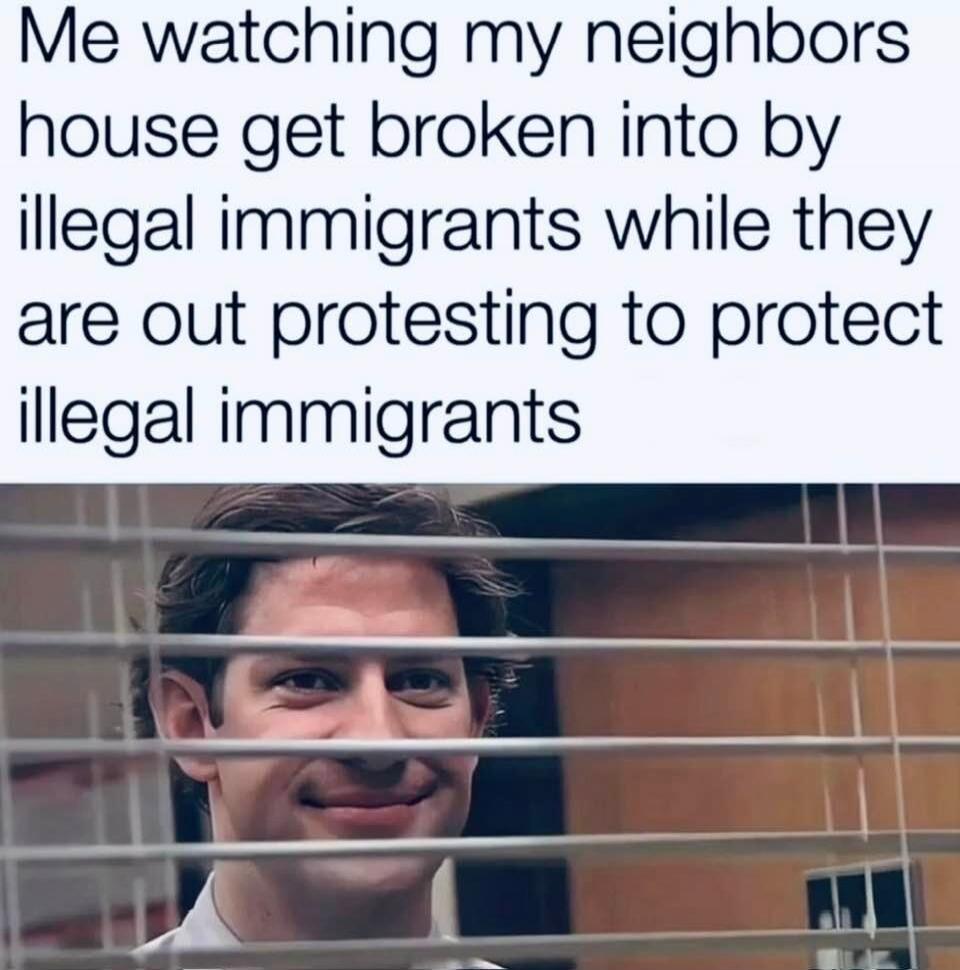 Me watching my neighbors house get broken into by illegal immigrants while they are out protesting to protect illegal immigrants