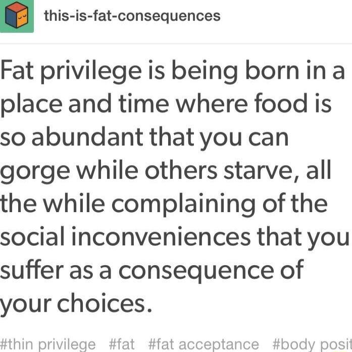 this is fat consequences Fat privilege is being bornin a place and time where food is so abundant that you can gorge while others starve all the while complaining of the social inconveniences that you suffer as a consequence of your choices fat thin pr