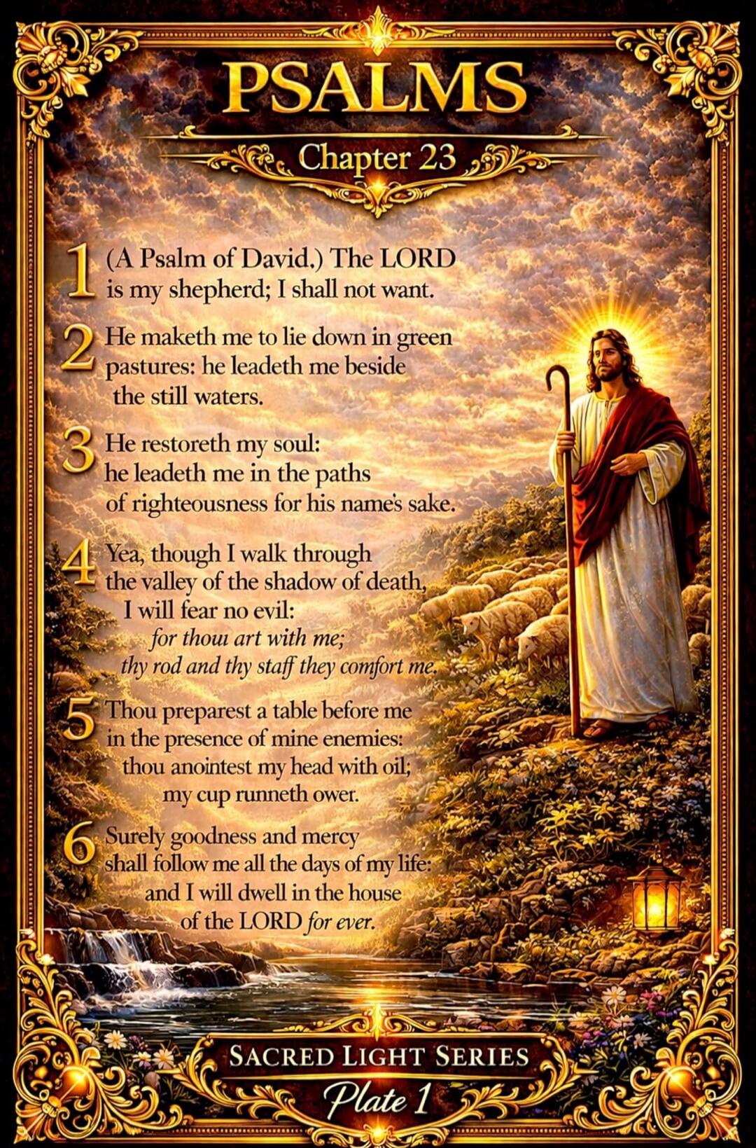 PSALMS Chapter 23 1 (A Psalm of David.) The LORD is my shepherd; I shall not want. 2 He maketh me to lie down in green pastures: he leadeth me beside the still waters. 3 He restoreth my soul: he leadeth me in the paths of righteousness for his name's sake. 4 Yea, though I walk through the valley of the shadow of death, I will fear no evil: for thou