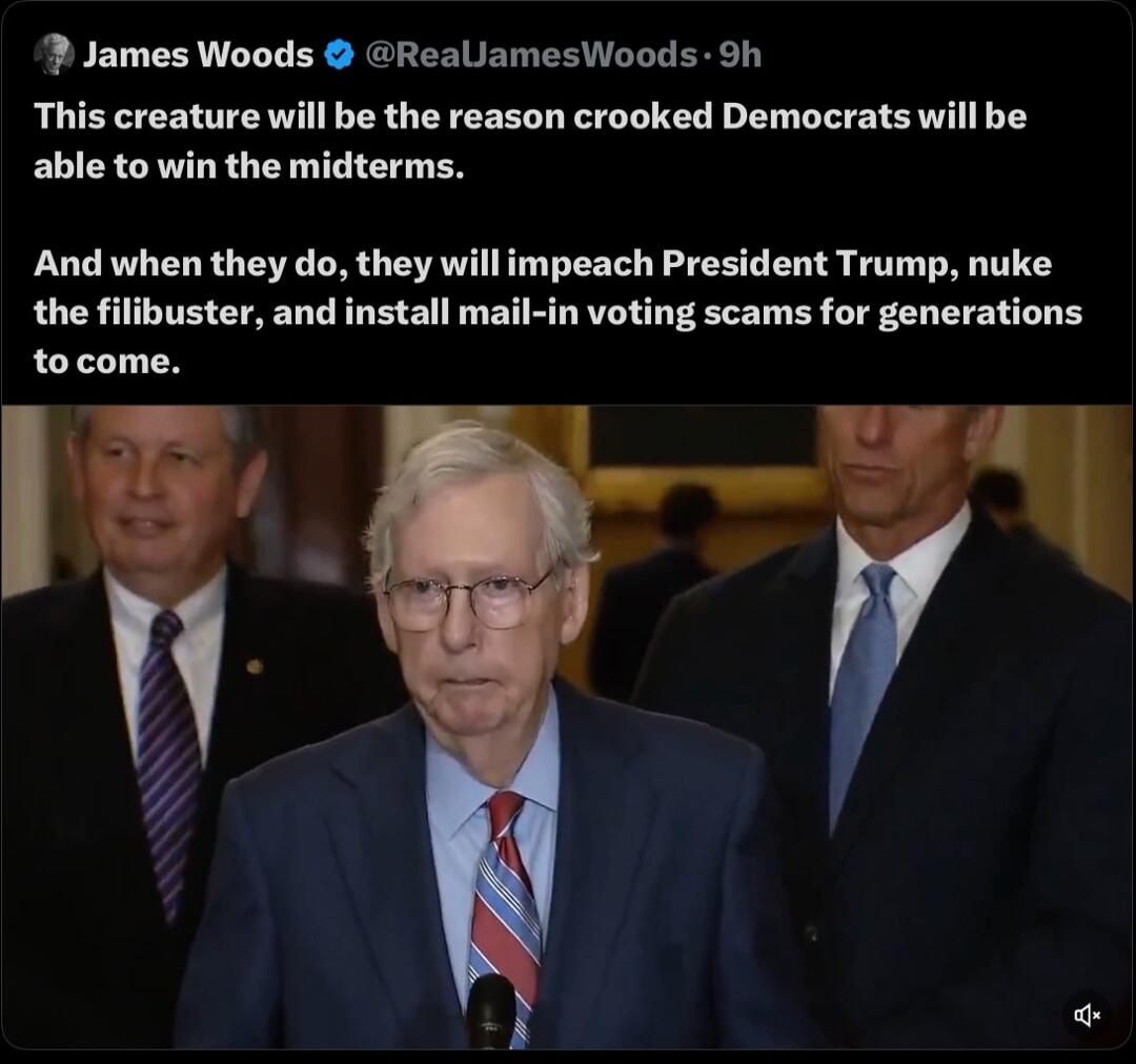 James Woods @RealJamesWoods - 9h This creature will be the reason crooked Democrats will be able to win the midterms. And when they do, they will impeach President Trump, nuke the filibuster, and install mail-in voting scams for generations to come.
