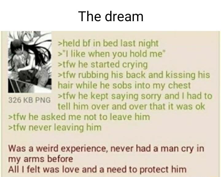 The dream held bf in bed last night like when you hold me tfw he started crying tfw rubbing his back and kissing his hair while he sobs into my chest 326ks pNG UW he kept saying sorry and had to tell him over and over that it was ok tfw he asked me not to leave him tfw never leaving him Was a weird experience never had a man cry in my arms before All felt was love and a need to protect him