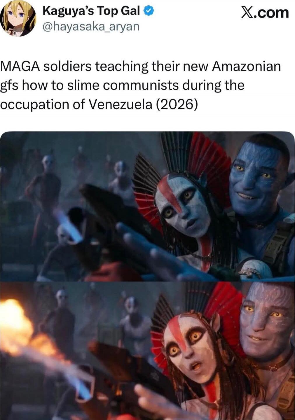 MAGA soldiers teaching their new Amazonian gfs how to slime communists during the occupation of Venezuela (2026)