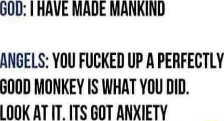 GOD: I HAVE MADE MANKIND
ANGELS: YOU FUCKED UP A PERFECTLY GOOD MONKEY IS WHAT YOU DID. LOOK AT IT. ITS GOT ANXIETY