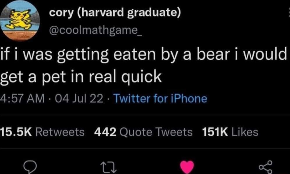 cory harvard graduate LGN ETGEET if i was getting eaten by a bear i would get a pet in real quick 457 AM 04 Jul 22 Twitter for iPhone LR GETEEICEE E el CRIVEEICN R k o