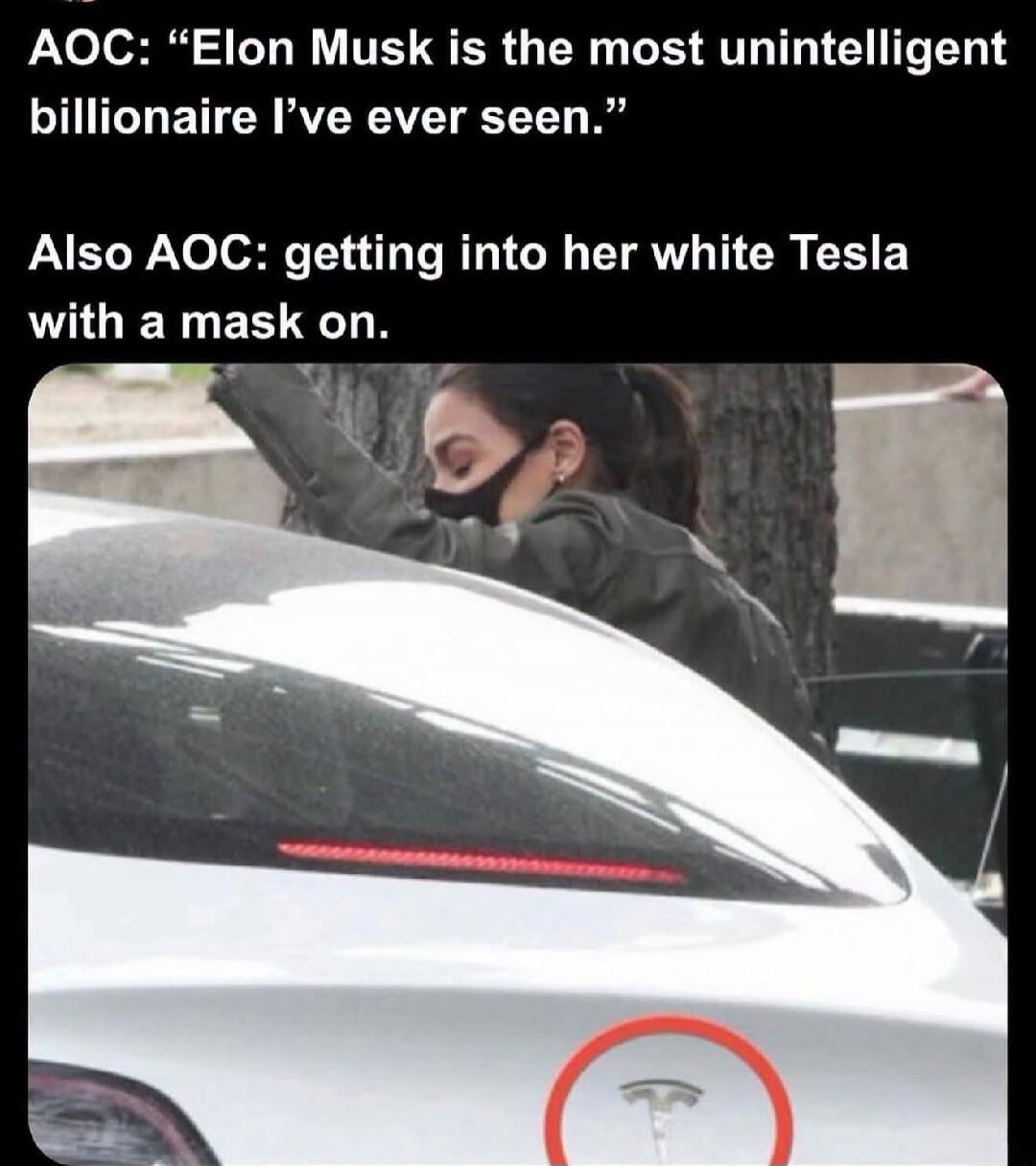 AOC: “Elon Musk is the most unintelligent billionaire I’ve ever seen.” Also AOC: getting into her white Tesla with a mask on.