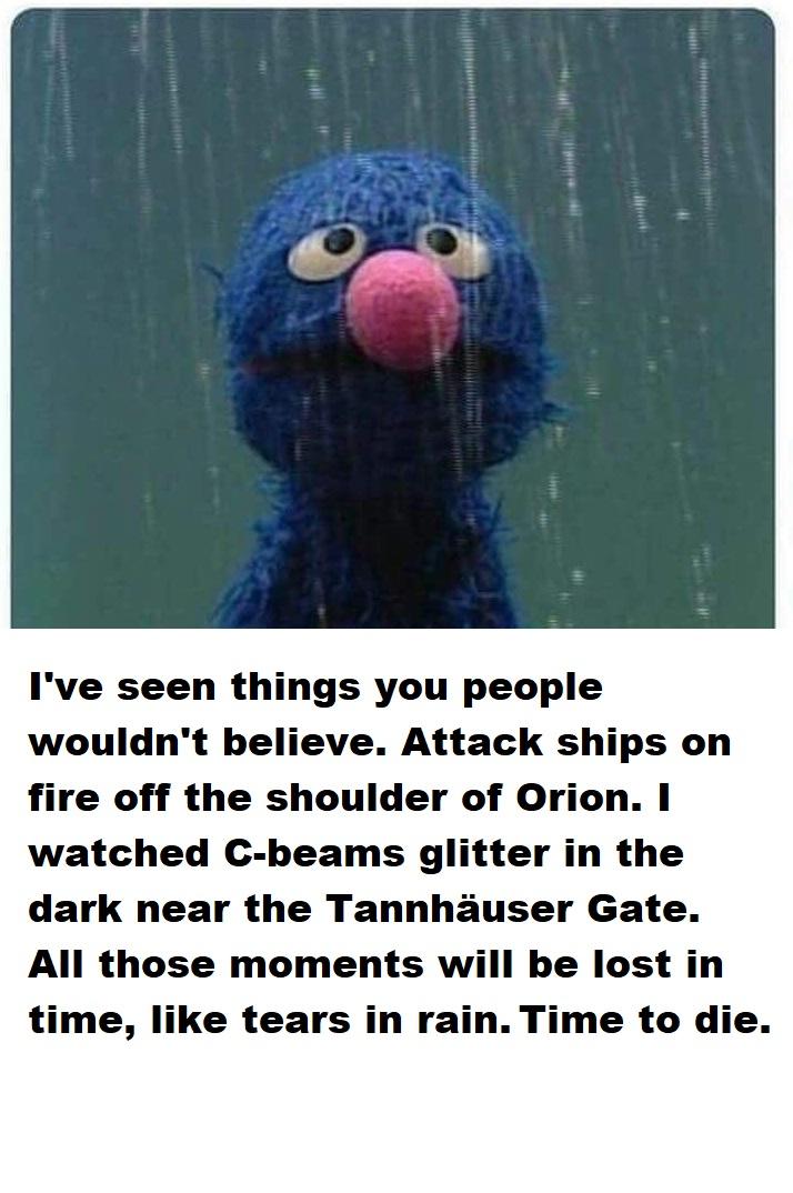 Ive seen things you people wouldnt believe Attack ships on fire off the shoulder of Orion watched C beams glitter in the dark near the Tannhauser Gate All those moments will be lost in time like tears in rain Time to die