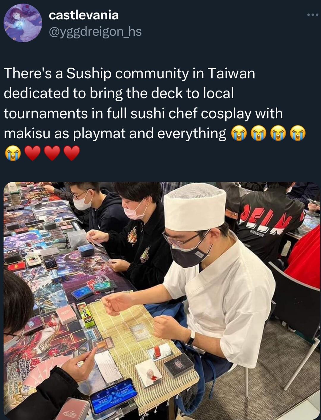 castlevania yggdreigon_hs Theres a Suship community in Taiwan eETe o 1Te R el oTTg R 1S Ne Te G eN eTeZ 1 tournaments in full sushi chef cosplay with makisu as playmat and everything PS v
