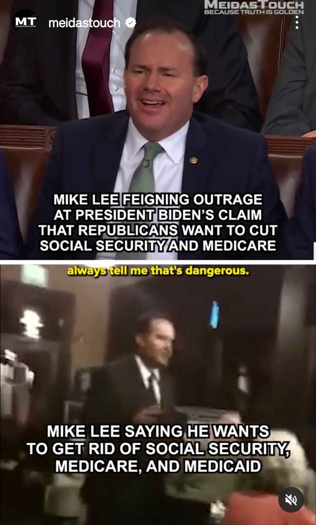 MEIDAS OUCH MT meid MIKE LEEFEIGNING OUTRAGE AT PRES_IDENTiBIDENS CLAIM THAT RERUBLICANS WANT TO CUT TO GET RID OF SOCIALSECURITY M EDICARE AND MEDICAID