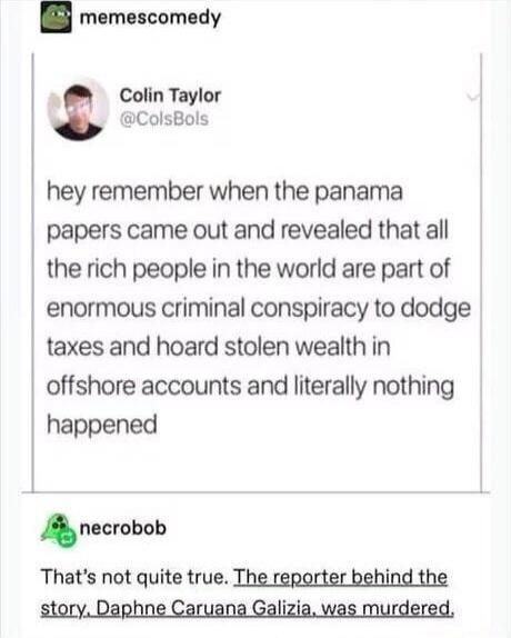 hey remember when the panama papers came out and revealed that all the rich people in the world are part of enormous criminal conspiracy to dodge taxes and hoard stolen wealth in offshore accounts and literally nothing happened That's not quite true. The reporter behind the story, Daphne Caruana Galizia, was murdered.