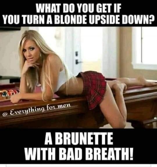 WHAT DO YOU GET IF YOU TURN A BLONDE UPSIDE DOWN? A BRUNETTE WITH BAD BREATH!