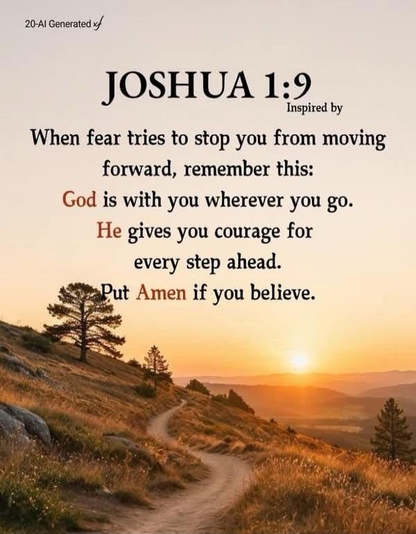 20-AI Generated JOSHUA 1:9 Inspired by When fear tries to stop you from moving forward, remember this: God is with you wherever you go. He gives you courage for every step ahead. Put Amen if you believe.