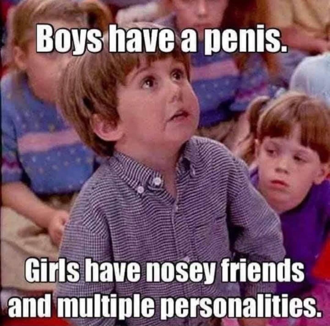 Boys have a penis. Girls have nosey friends and multiple personalities.