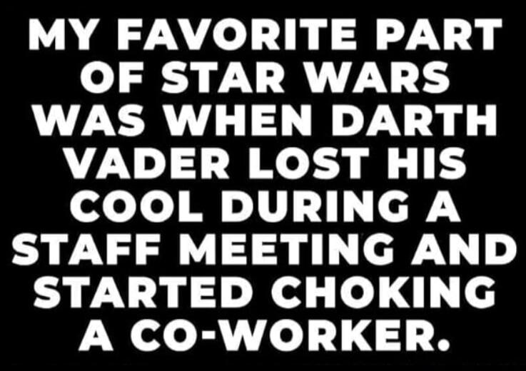 MY FAVORITE PART OF STAR WARS WAS WHEN DARTH VADER LOST HIS COOL DURING A STAFF MEETING AND STARTED CHOKING A CO-WORKER.