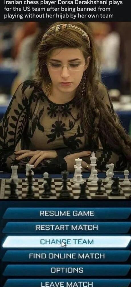 Iranian chess player Dorsa Derakhshani plays RCTR GV CET e U R ER G G R T playing without her hijab by her own team
