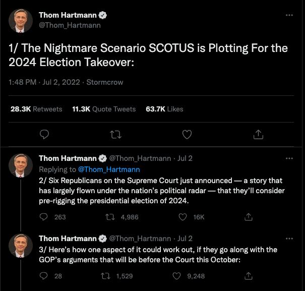 Thom Hartmann 1 The Nightmare Scenario SCOTUS is Plotting For the 2024 Election Takeover 148 PM 283K e MK Ouote Tweets 637K Likes Thom Hartmann 71 Hartrmann l 2 Replying to Thom Hartmann 2 Six Republicans on the Supreme Court just announced a story that has argely flown under the nations politicalradar that theyll consider pre rigging the presidential lection of 2024 Thom Hartmann 7rm Hartrmann Ju