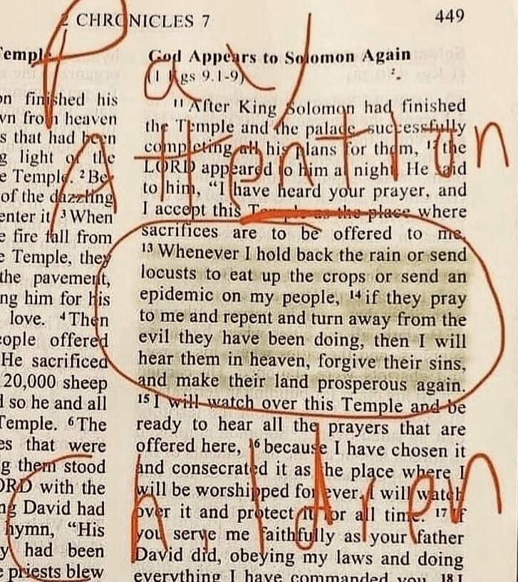 The image displays a page from 2 Chronicles 7 of the Bible, titled 'God Appears to Solomon Again'. Overlaid in red handwriting, a selection of words from the passage forms the phrase: 'PRAY THEN I WILL HEAR AND FORGIVE'. The underlying text includes verses such as: '11 After King Solomon had finished the Temple and the palace, successfully completi