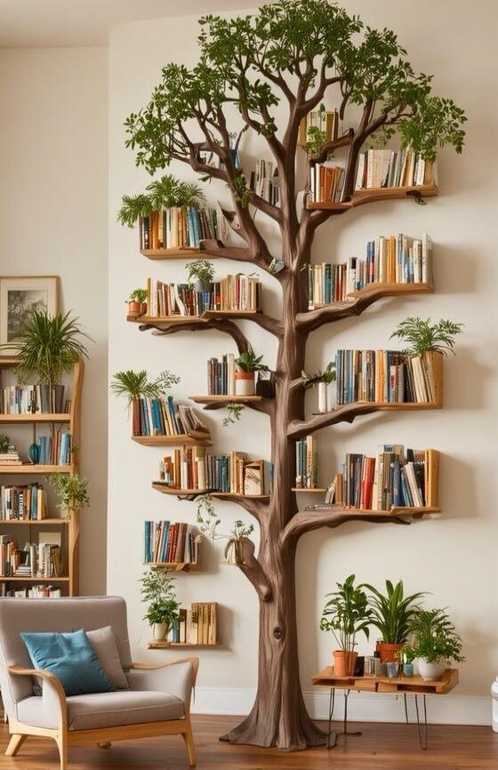 A tree-shaped wall bookshelf with branch-like shelves holding a variety of books, accented by potted plants.