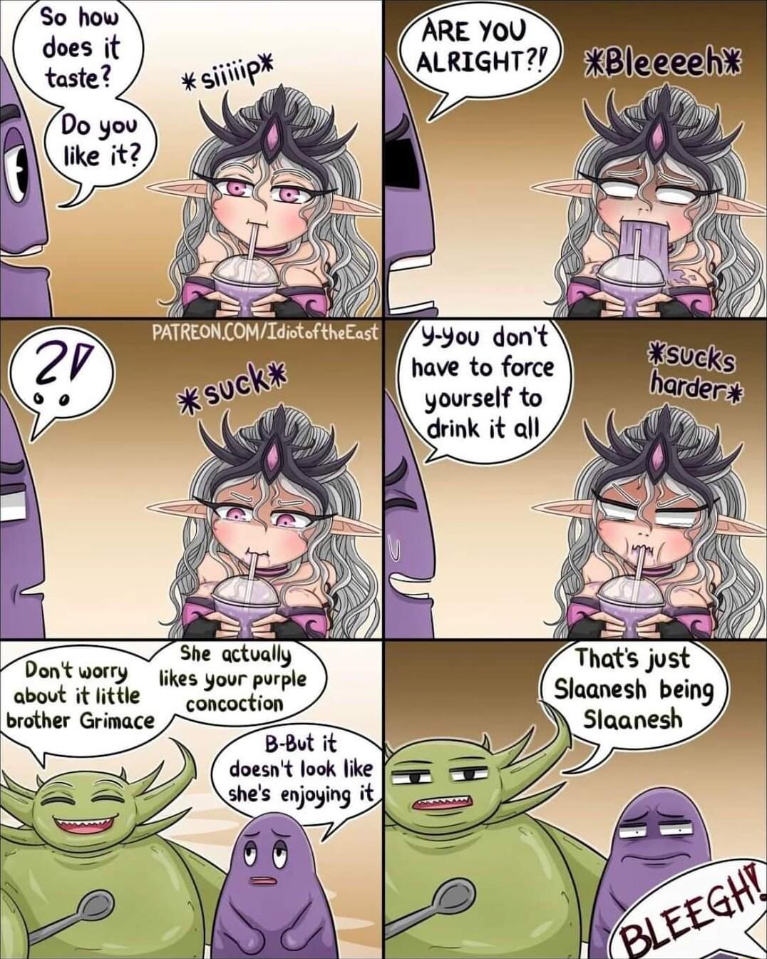3 PATREONCONTditftiuEest QVRVPSPREIT Y likes your purple Slaanesh being about it litte omcoct brother Grinace 2 Slaanes doesnt look like g shes enjoging it Ty L2 7