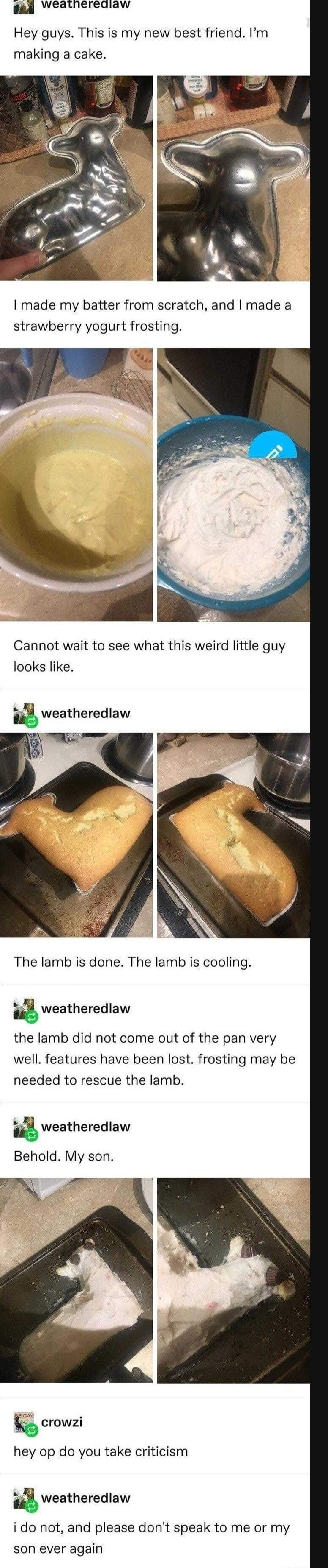 weatherediaw Hey guys This is my new best friend Im making a cake I made my batter from scratch and made a strawberry yogurt frosting Cannot wait to see what this weird little guy looks like weatheredaw The lamb is done The lamb is cooling weatheredlaw the lamb did not come out of the pan very well features have been lost frosting may be needed to rescue the lamb weatheredlaw Behold My son N gl me