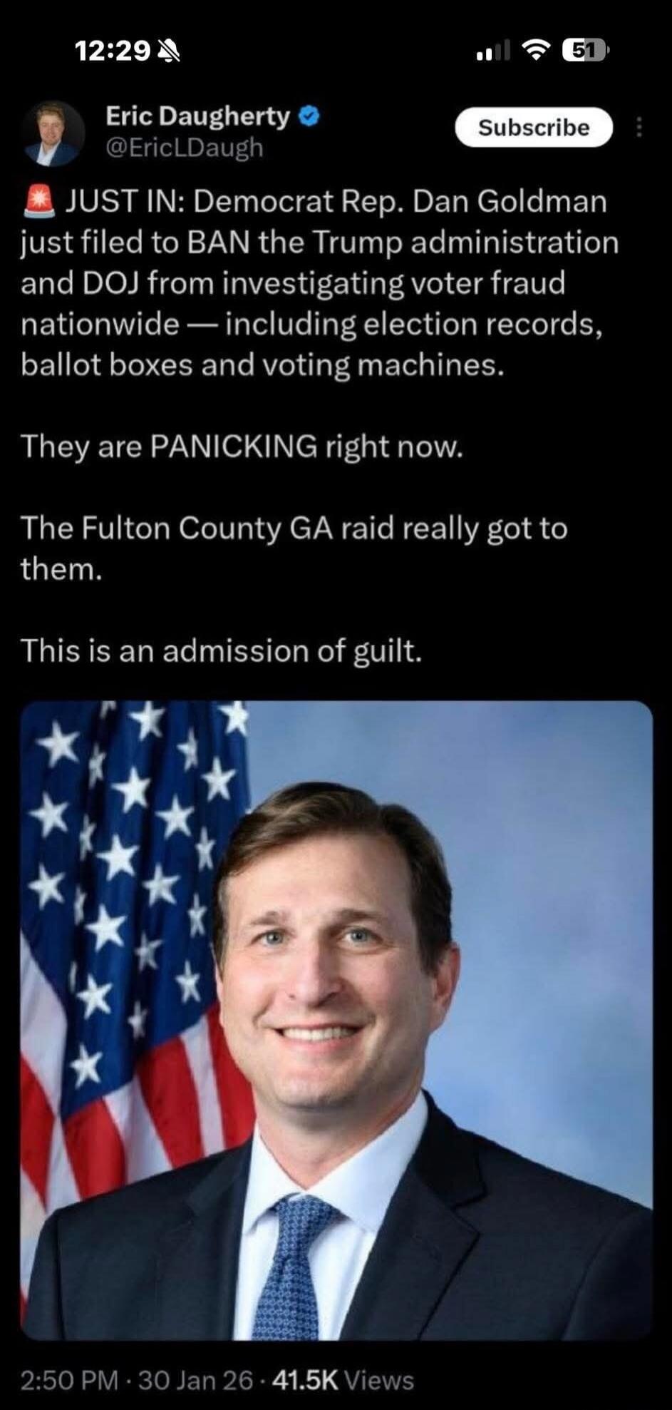 JUST IN: Democrat Rep. Dan Goldman just filed to BAN the Trump administration and DOJ from investigating voter fraud nationwide — including election records, ballot boxes and voting machines.

They are PANICKING right now.

The Fulton County GA raid really got to them.

This is an admission of guilt.