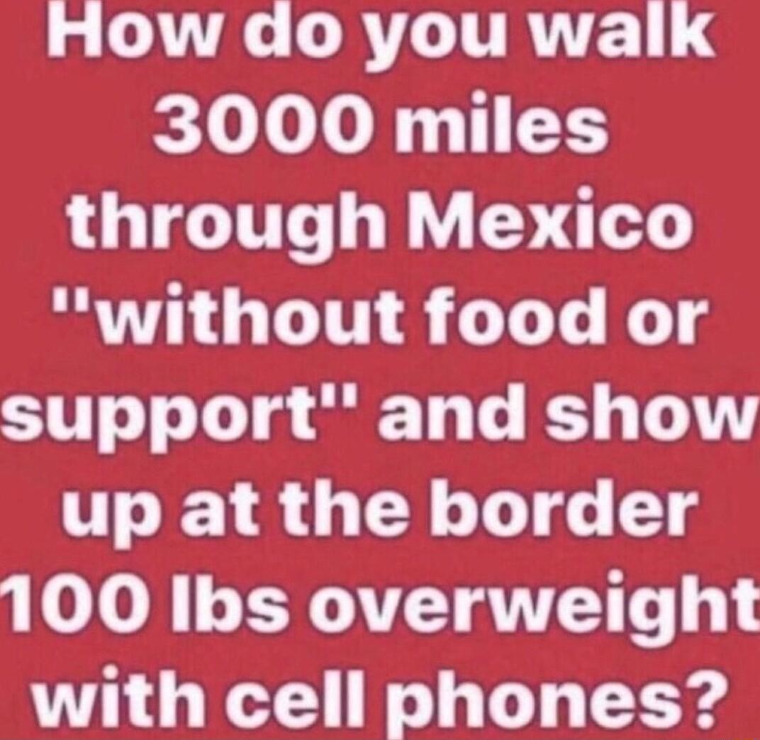 g AT LRV ITRTE 3000 miles LOTGITE T Y VL without food or support and show up at the border 100 Ibs overweight with cell phones