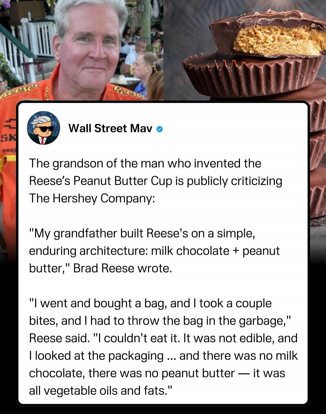 The grandson of the man who invented the Reese's Peanut Butter Cup is publicly criticizing The Hershey Company:


