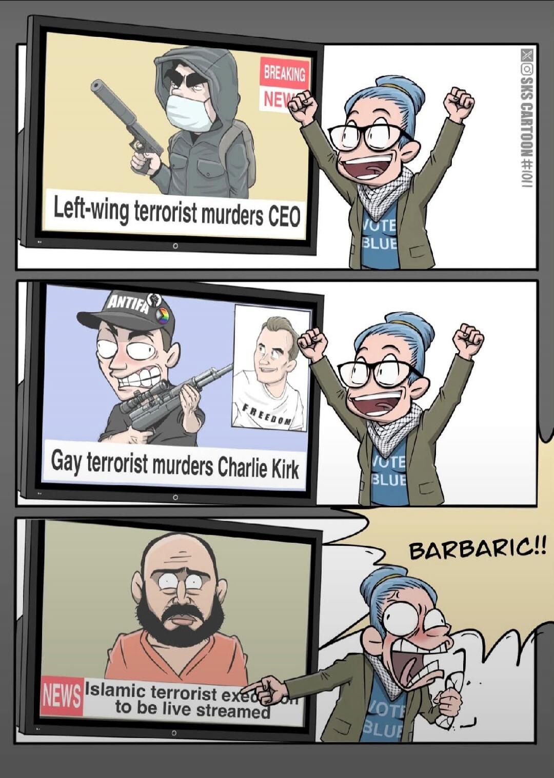 BREAKING NEWS Left-wing terrorist murders CEO. ANTIFA Gay terrorist murders Charlie Kirk. NEWS Islamic terrorist execution to be live streamed. BARBARIC!!