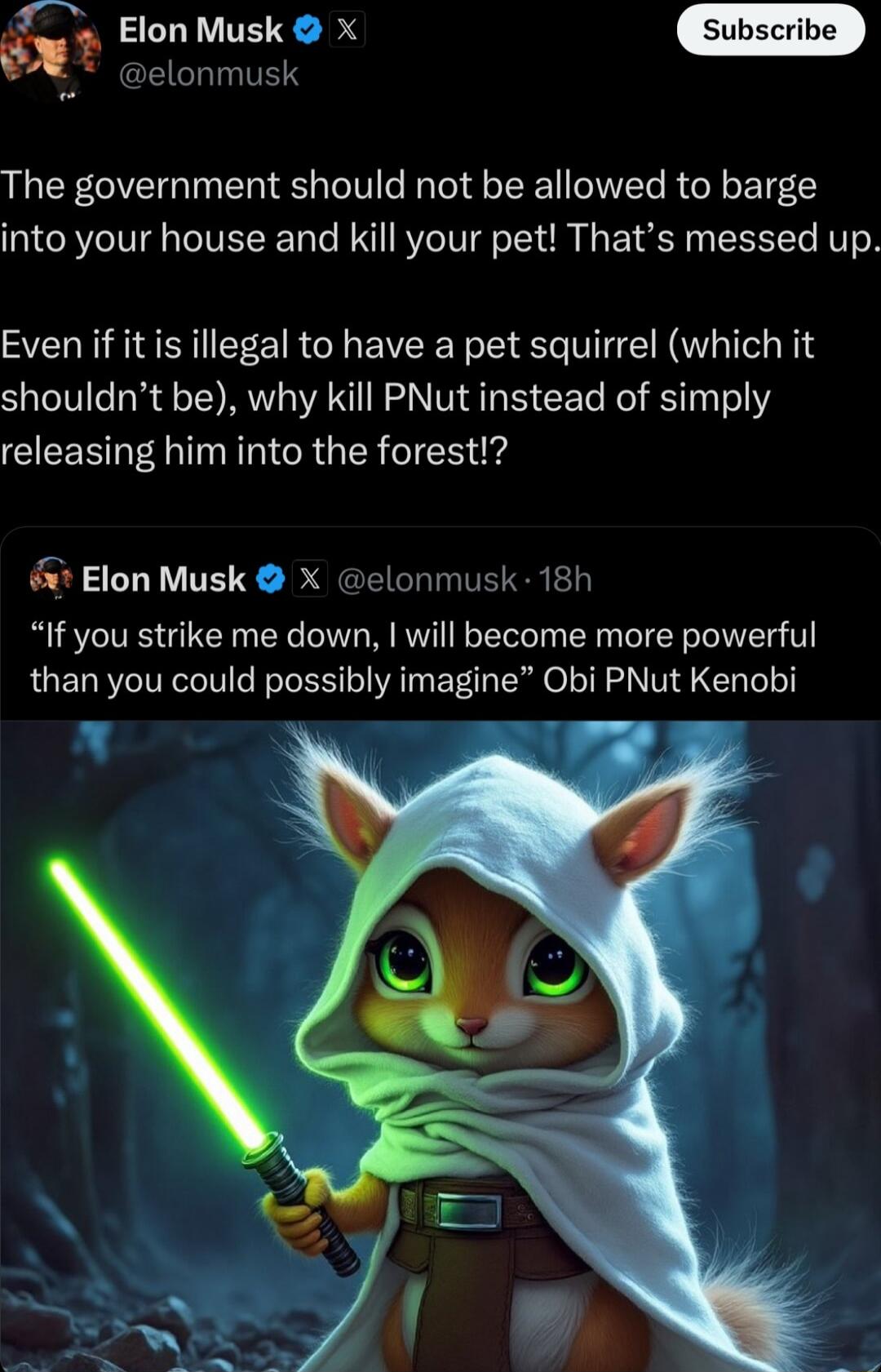 2 Elon Musk x elonmusk The government should not be allowed to barge into your house and kill your pet Thats messed up Even if it is illegal to have a pet squirrel which it shouldnt be why kill PNut instead of simply CIEEE A I ICRGER IR Elon Musk X elonmusk 18h If you strike me down will become more powerful than you could possibly imagine Obi PNut Kenobi v T