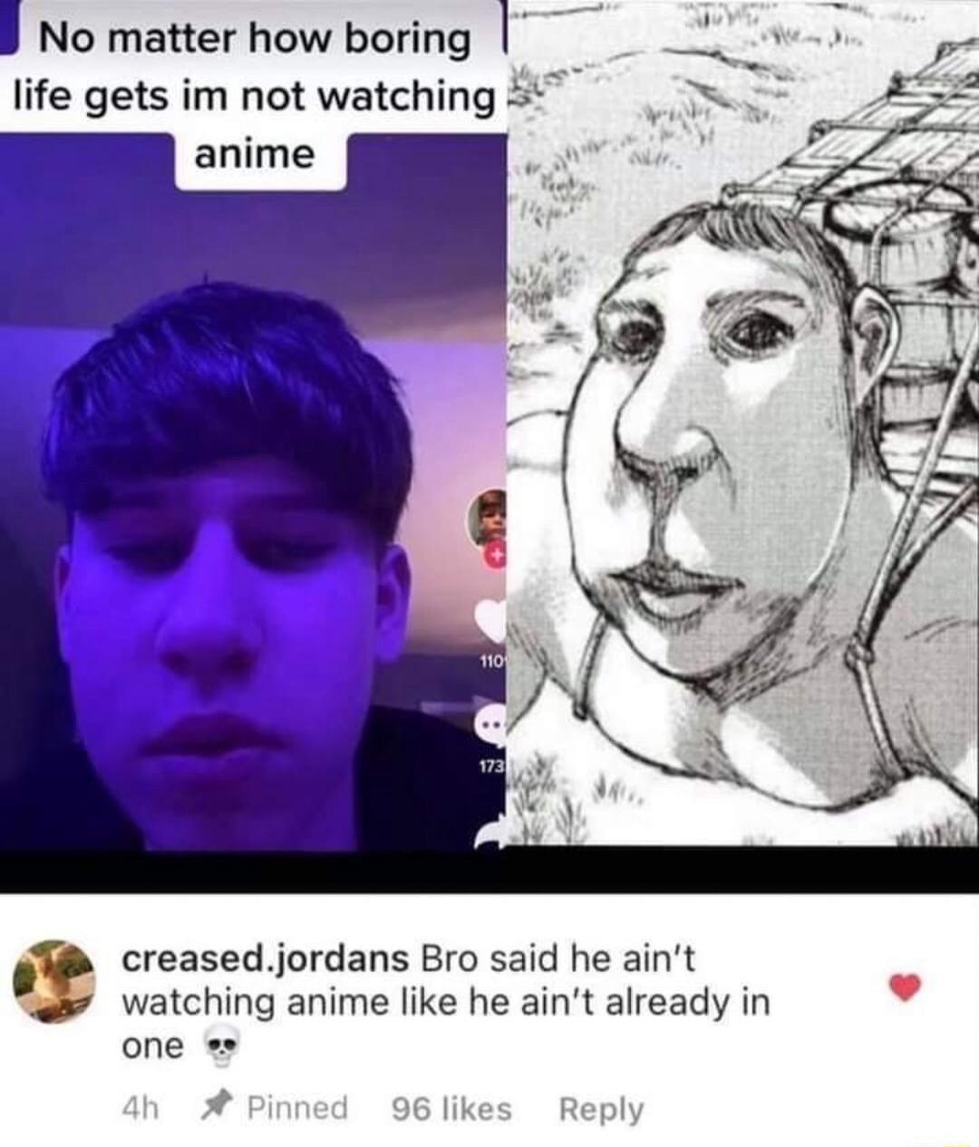 J No matter how boring i Lo life gets im not watching 5 creasedjordans Bro said he aint watching anime like he aint already in one 96 likes Reply