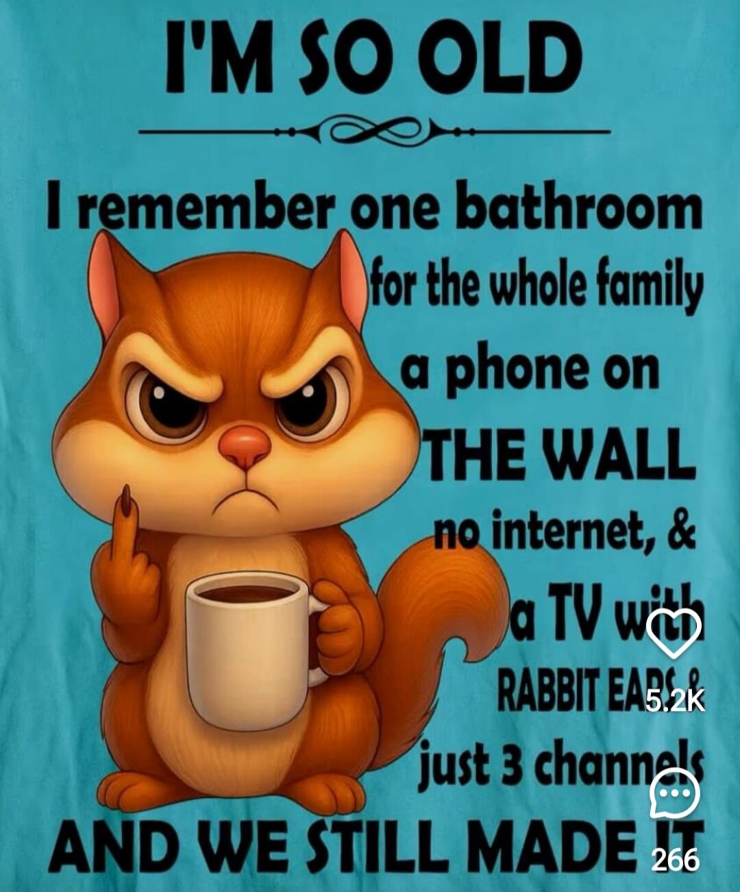 I'M SO OLD
I remember one bathroom for the whole family
a phone on THE WALL
no internet, &
a TV with RABBIT EARS
just 3 channels
AND WE STILL MADE IT