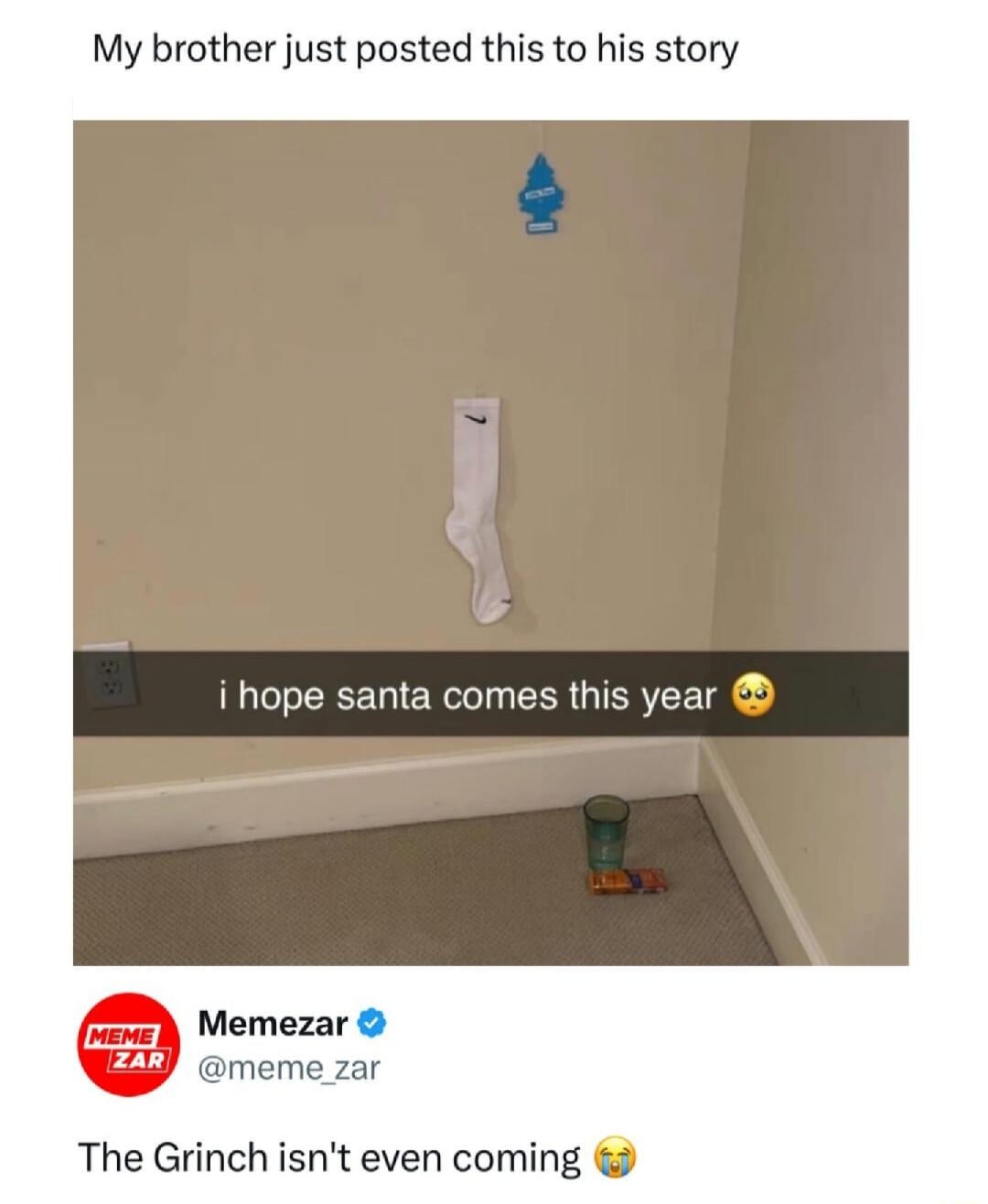 My brother just posted this to his story\ni hope santa comes this year 😢\nThe Grinch isn't even coming 😭