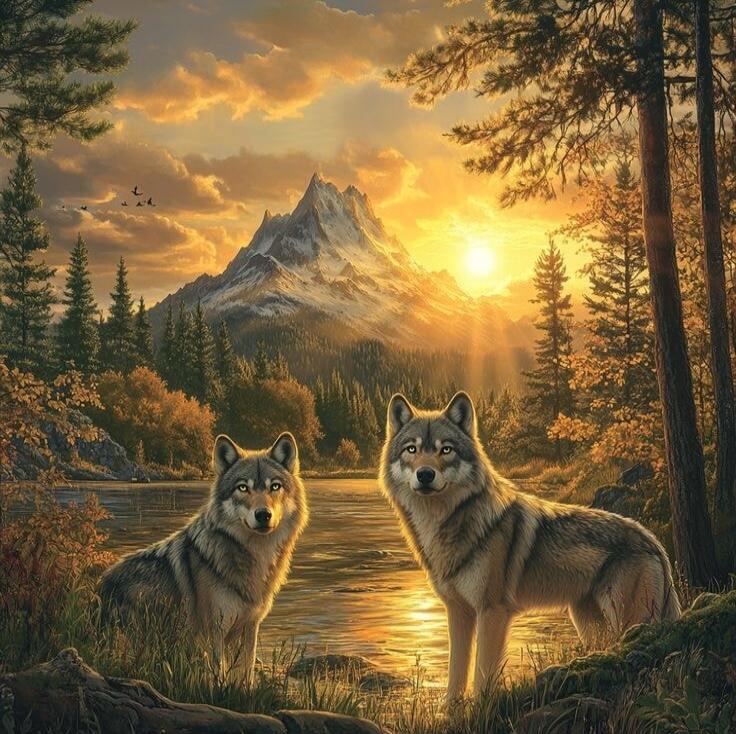 Two wolves by a lake with a mountain sunset.