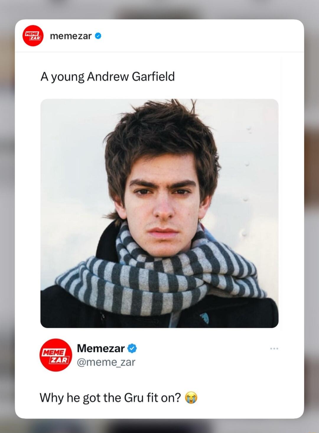 memezar J Ayoung Andrew Garfield Memezar meme_zar Why he got the Gru fit on I