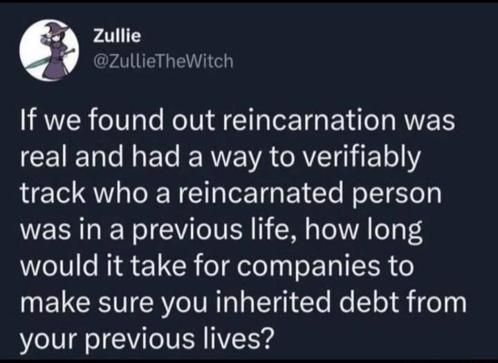 Zullie 9 zullieTheWitch IRWZR Ve Ko IV A I TG ENIHRVE CEIET T ET RN IR RV 1 LE QU NI T Cle NelT oy WER QNI NIV ER I M oI A o1 P 4 would it take for companies to make sure you inherited debt from your previous lives