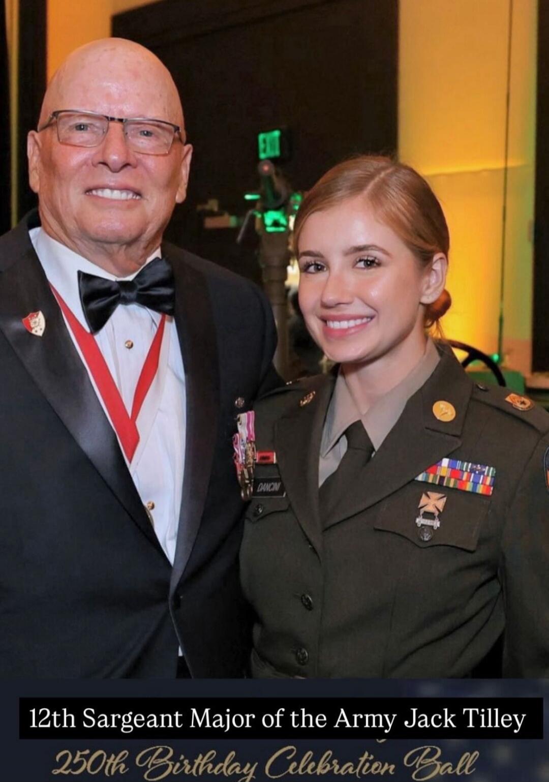 12th Sergeant Major of the Army Jack Tilley 250th Birthday Celebration Ball. An older man in a tuxedo and a younger woman in a military uniform are smiling at a formal event.
