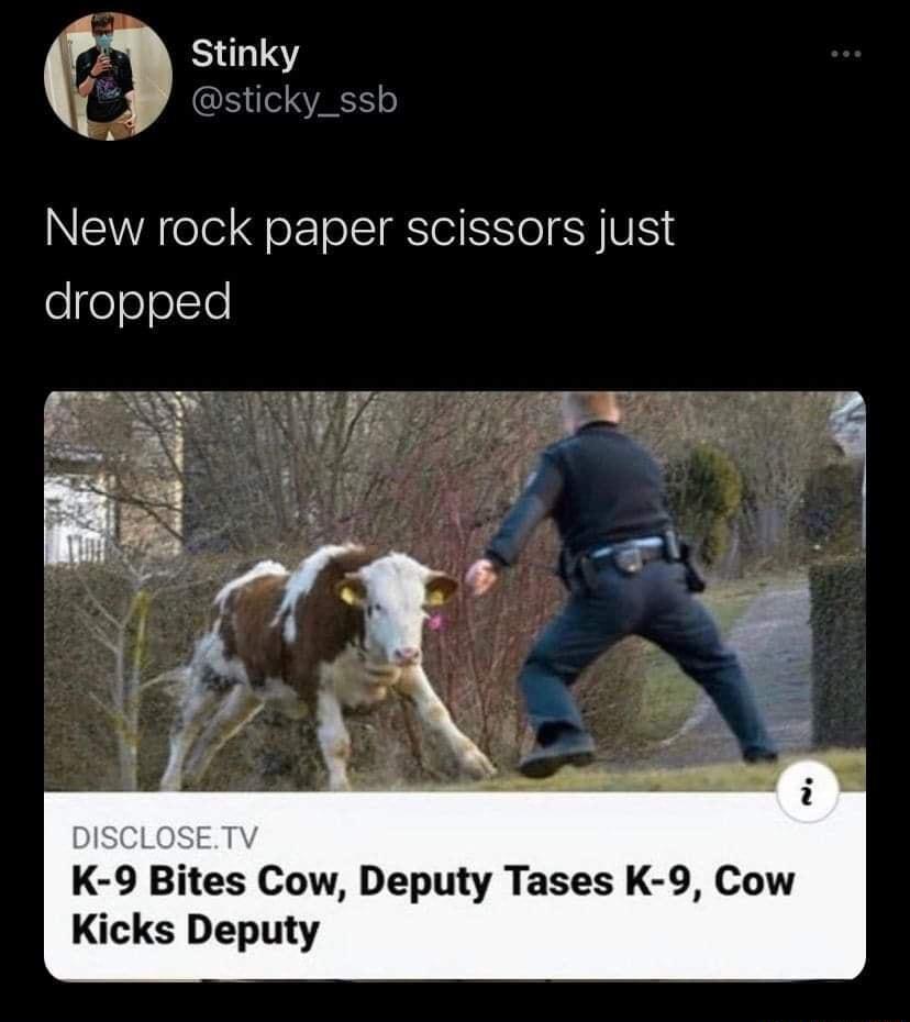 g Stinky sticky_ssb New rock paper scissors just dropped RO K 9 Bltes Cow Deputy Tases K 9 Cow Kicks Deputy