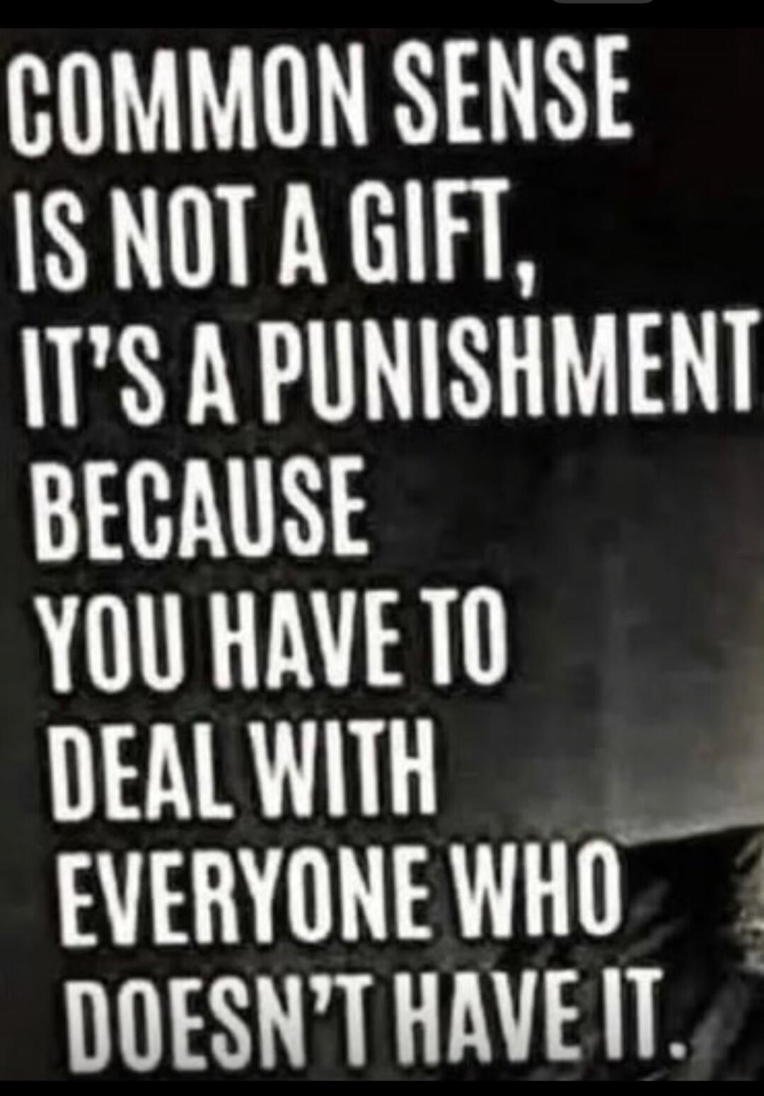 COMMON SENSE IS NOT A GIFT, IT'S A PUNISHMENT BECAUSE YOU HAVE TO DEAL WITH EVERYONE WHO DOESN'T HAVE IT.