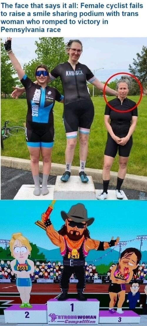 The face that says it all Female cyclist fails to raise a smile sharing podium with trans woman who romped to victory in Pennsylvania race STHONEWOMAN 2 Compotiiton