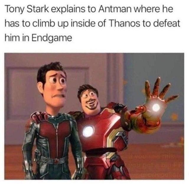 Tony Stark explains to Antman where he has to climb up inside of Thanos to defeat him in Endgame