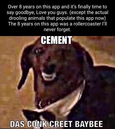 Over 8 years on this app and its finally time to say goodbye Love you guys except the actual T ER TN EIER GETE I T ETCRGIEET I Y The 8 years on this app was a rollercoaster Ill LEEIRGIGTEE CEMENT s i ewmesr IN13