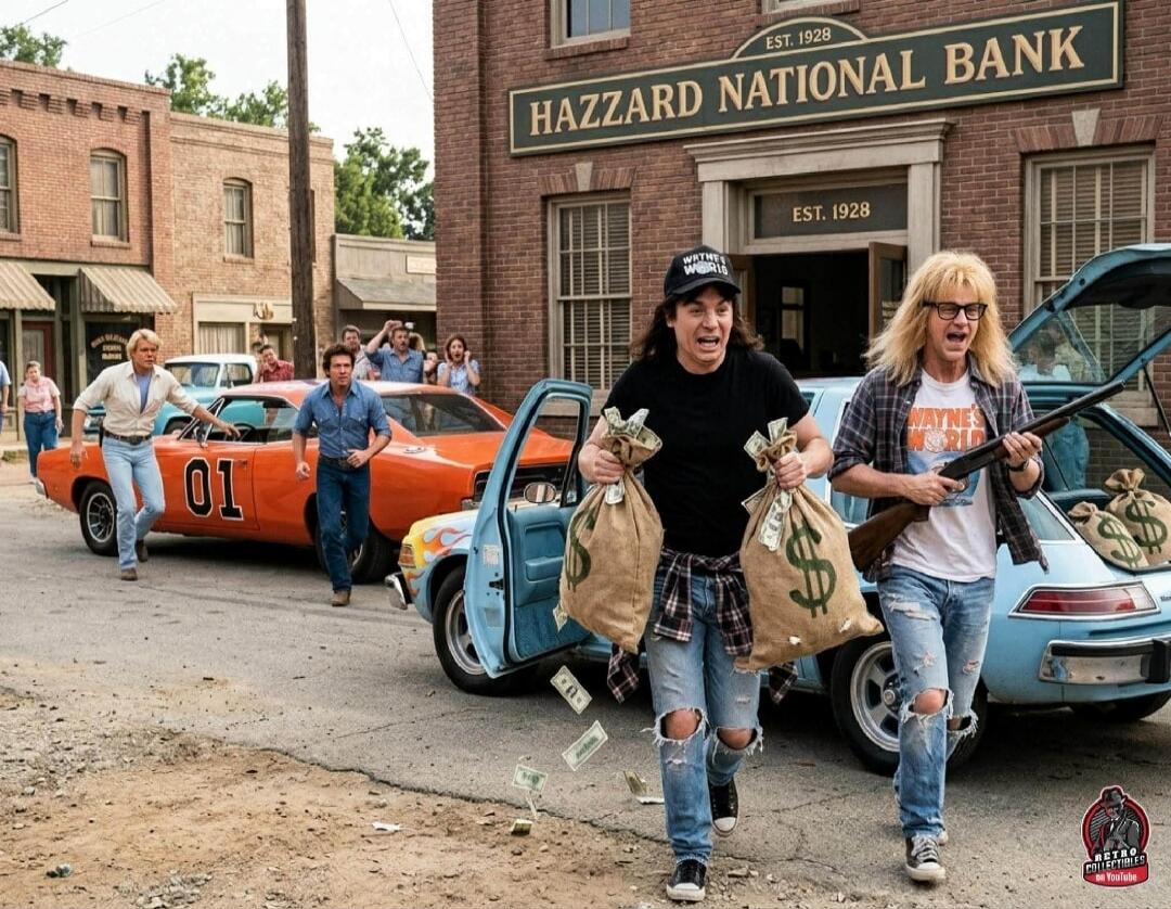 HAZZARD NATIONAL BANK EST. 1928 01 WAYNE'S WORLD RETRO COLLECTIBLES on YouTube. Two men dressed as Wayne and Garth from Wayne's World are running from a bank, carrying bags of money, with one holding a shotgun. Money is falling from the bags. In the background, two men resembling Bo and Luke Duke from The Dukes of Hazzard are running towards the Ge