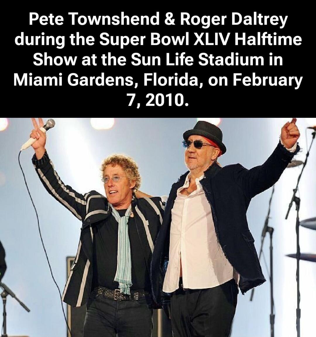 Pete Townshend & Roger Daltrey during the Super Bowl XLIV Halftime Show at the Sun Life Stadium in Miami Gardens, Florida, on February 7, 2010.
